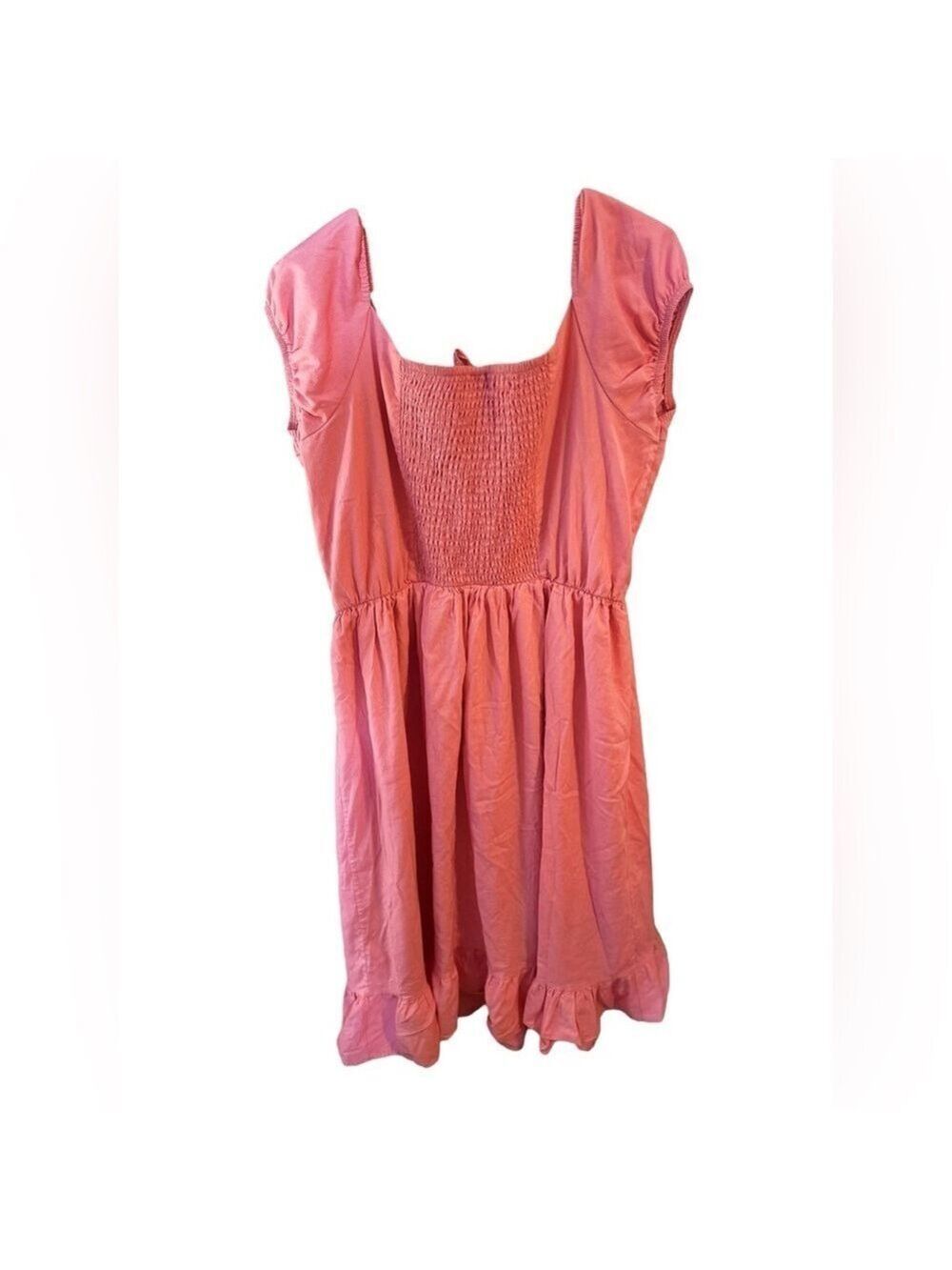 Blueberi Boulevard Embroidered Milk Maid Dress Coral Pink Puff Sleeve Ruffle Hem - Picture 4 of 10